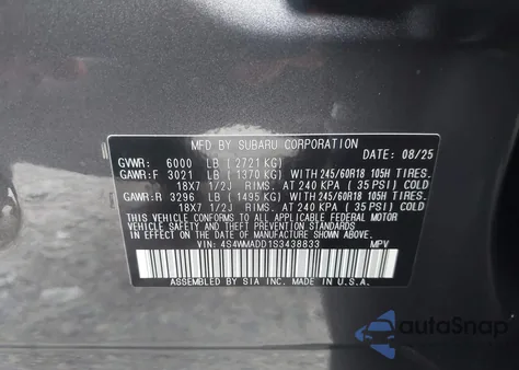 2025 Subaru Ascent Premium 7-Passenger from USA, damaged, VIN 4S4WMADD1S3438833